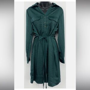 Lucky Brand Satin Chic Dark Green Long Sleeve Dress